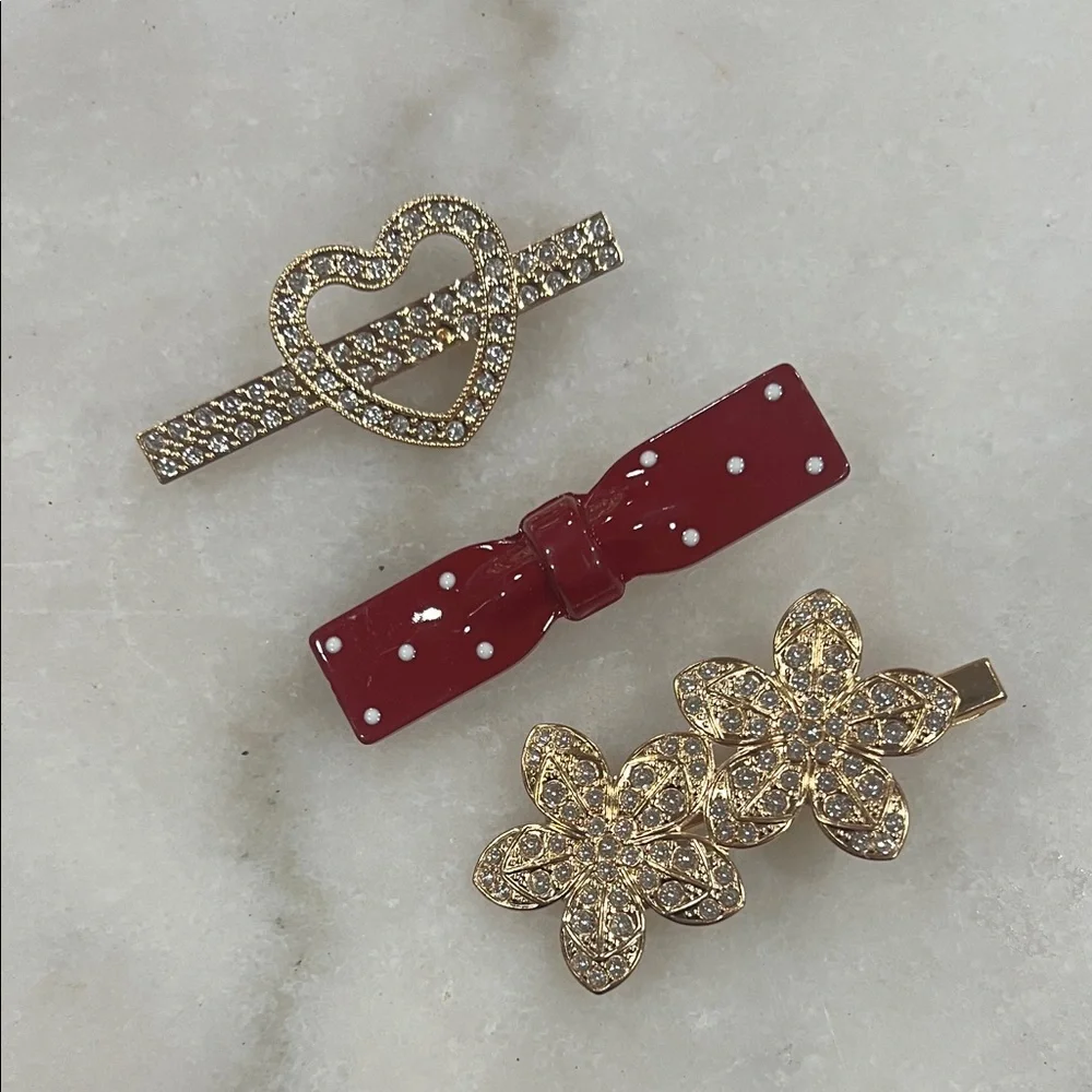 Gold Rhinestone & Red Enamel Hair Clip Set for Women
